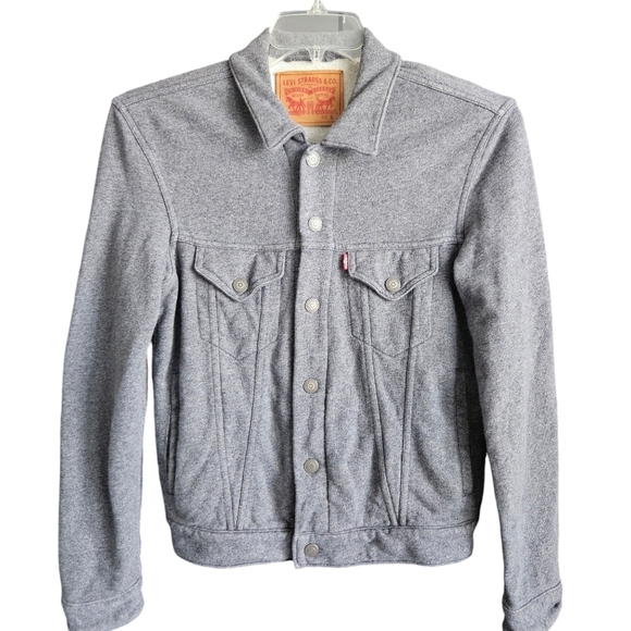 Levi's French Terry Sweatshirt Trucker Jacket Snap Front Gray Sz Small - Picture 1 of 12